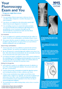 Poster with information on Your Fuoroscopy Exam and You, along with two xray images of the spine and an animated photo of a uterus with a baby inside with a speech bubble saying, Please Mum, tell them I'm here