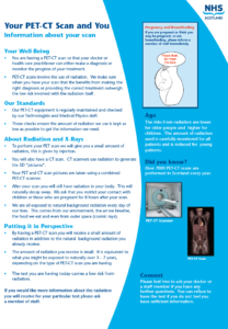 Poster with information on Your PET-CT Scan and You, along with an animated photo of a uterus with a baby inside with a speech bubble saying, Please Mum, tell them I'm here; also photos of a PET-CT machine and an PET-CT scan